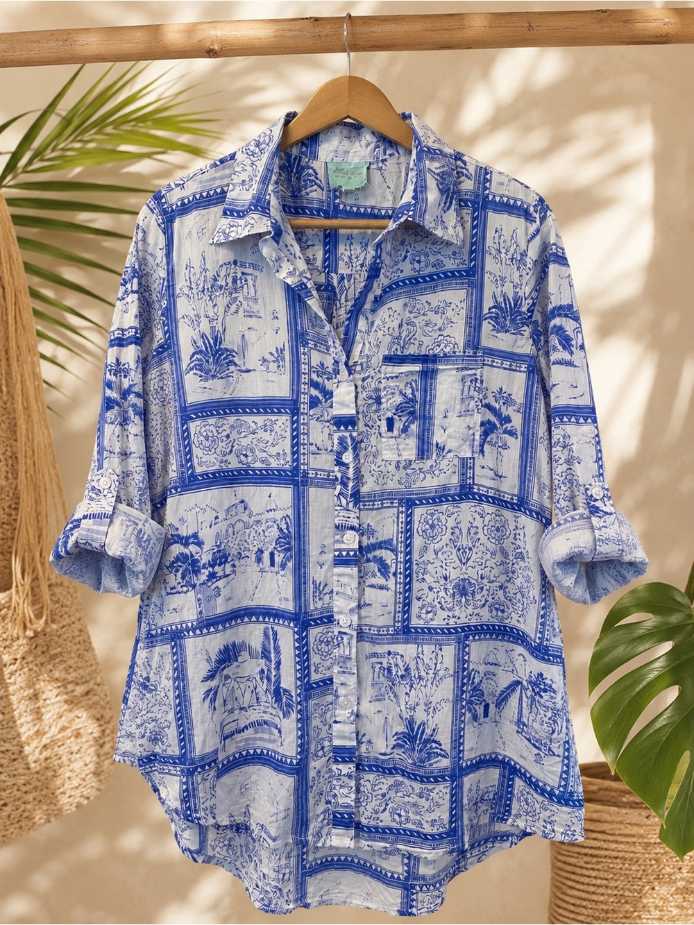 True Destinations Blue & White Toile Print 100% Cotton Button Front Shirt Medium